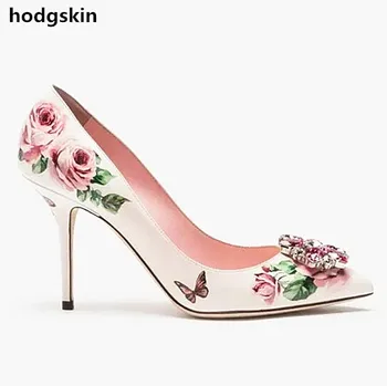 

2019 Runway Flowers Print Leather Women Pumps High Heels Luxury Crystal Rhinestone Pointed Toe Slip On Party Shoes Woman