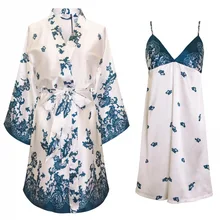 Nightdress nightgown suit spring and summer new printed lace nightdress two-piece ladies nightgown V-neck waist silk pajamas