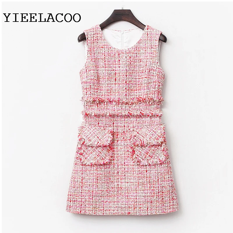

Pink tweed dress sleeveless 2019 spring / autumn women's dress tassel ladies slim bottoming dress one-piece