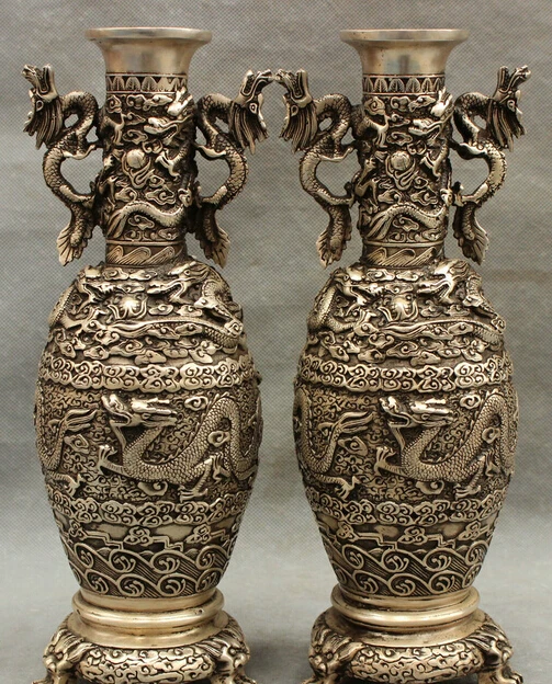

shitou 002263 12" China Dynasty Palace Silver Nine Dragons Statue Flower Bottle Vase Pot Pair discount 30% (C0324)