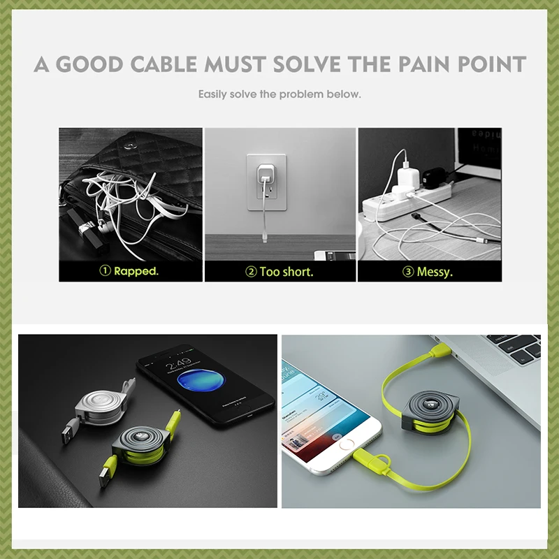 FLOVEME 2 in 1 USB Kabel Micro USB Kabel Versenkbare Handy Ladegerät Beleuchtung Kabel für iPhone 1