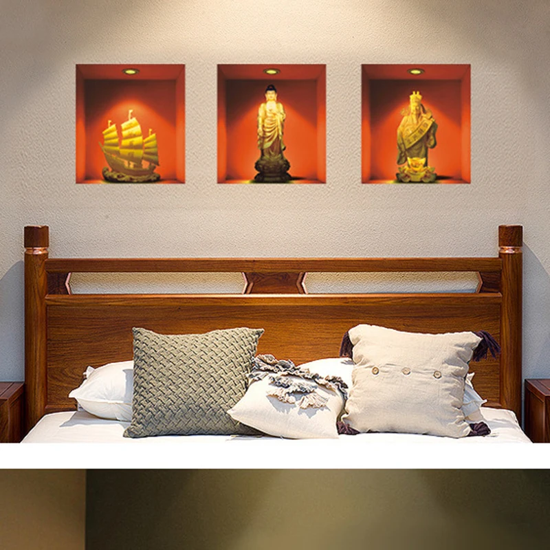 3Dผนังสติ๊กเกอร์จำลองรูปปั้นพระพุทธรูปตกแต่งบ้านศิลปะภาพจิตรกรรมฝาผนังห้องนอนห้องนั่งเ...