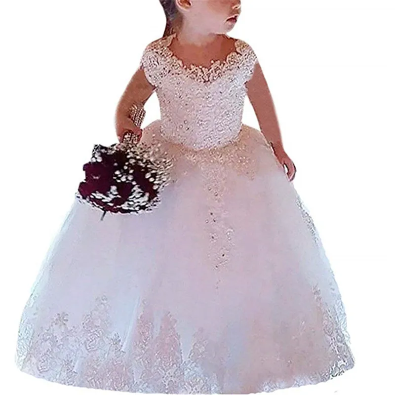 Long Sleeve Ball Gown Princess Flower Girls Dresses Appliques with Beaded Stunning Cute Girls First Communion Dress White