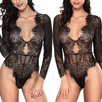 

Women Sexy Lingerie Porno Leotard Bodysuit Long Sleeve Lace Sexy Deep-V Jumpsuit Catsuit Clubwear