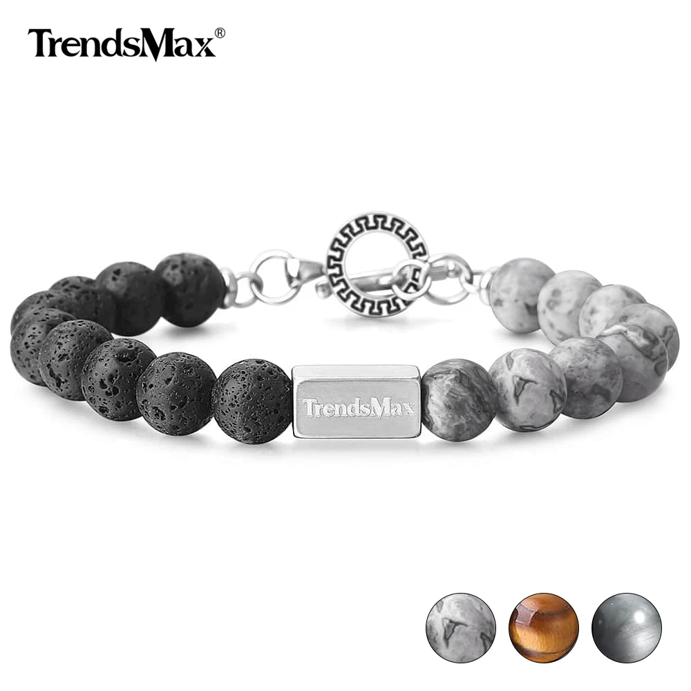 

Natural Lava Stone Bracelet Mens Boy Gemstone Beads Stainless Steel Link Wristband Eagle Eye Tiger Eye Jasper Chakra Energy Gift