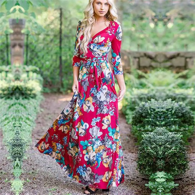 Женскoе летние цветочный принт макси платья богемные пляжные длинные платья вечерние длинные платья с бандажом плюс размер - Цвет: Red