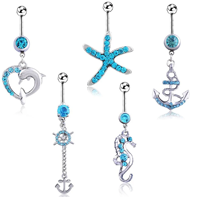 

5PCS Fashion Surgical Steel Piercing Navel Anchor Dolphin Belly Button Rings Sexy Body Jewelry for Women Crystal Navel Piercing