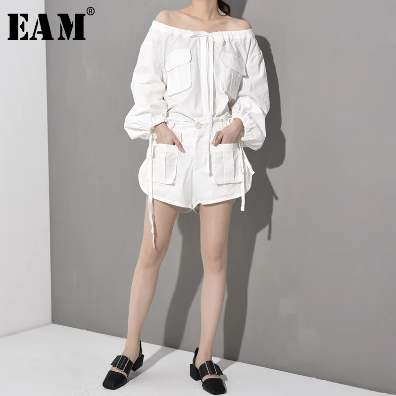

[EAM] 2019 New Autumn Winter SlashNeck Long Sleeve White Drawstring Loose Wide Leg Pants Two Piece Suit Women Fashion BA4870