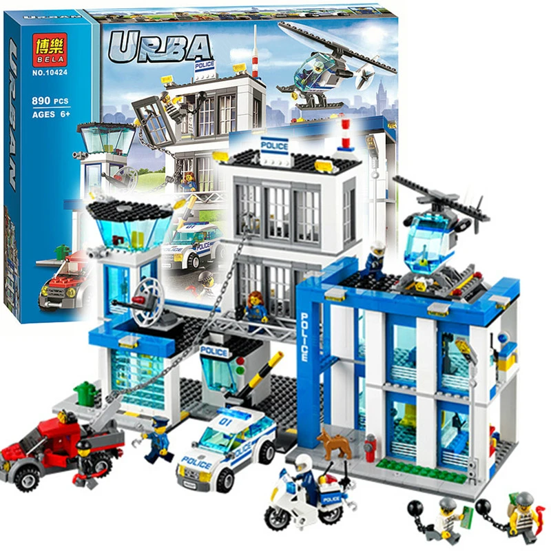 Bela 10424 City Police Station Motorbike Helicopter Building Block kits compatible with Legoing City 60047 Kids