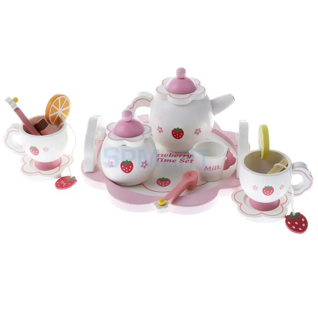 Miniature Dollhouse Wooden Strawberry Themed Afternoon Tea Set Food Kitchen Pretend Play Set