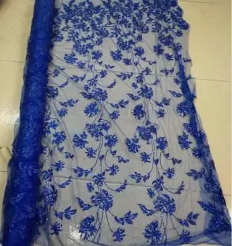 

Royal blue sequins flower mesh tulle hand print glitter lace fabric for wedding dress/evening dress/party ship by dhl