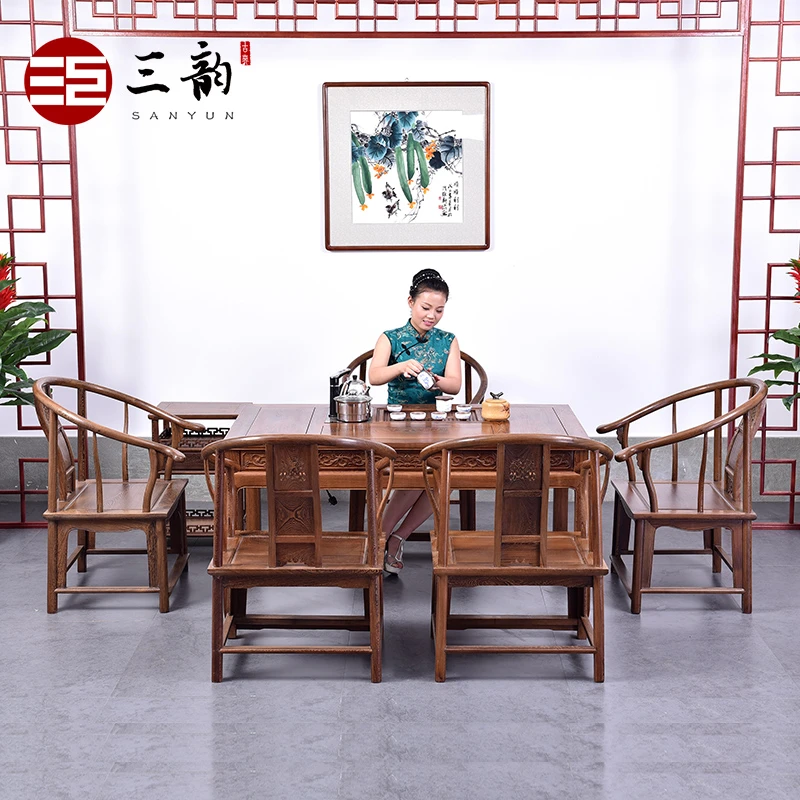 Muebles de caoba wengué madera antiguo Chino té mesa mesas y sillas combinación teasideend|chair control|table roundtable -