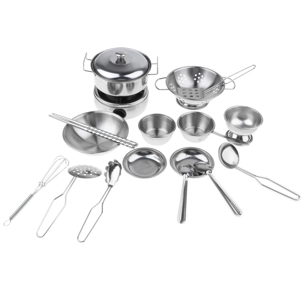 

18 Pieces Simulation Silver Stainless Steel Cookware Pan Bowl Chopsticks Dish Plate Stove Children Real Cooking Toy Role Play