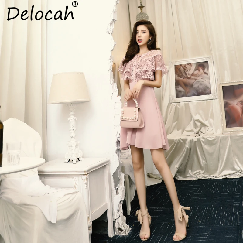 

Delocah 2019 Women Spring Summer Casual Dress Runway Fashion Bow Tie lace up Hollow Out Ruffle Elegant Ladies Pink A-Lin Dresses