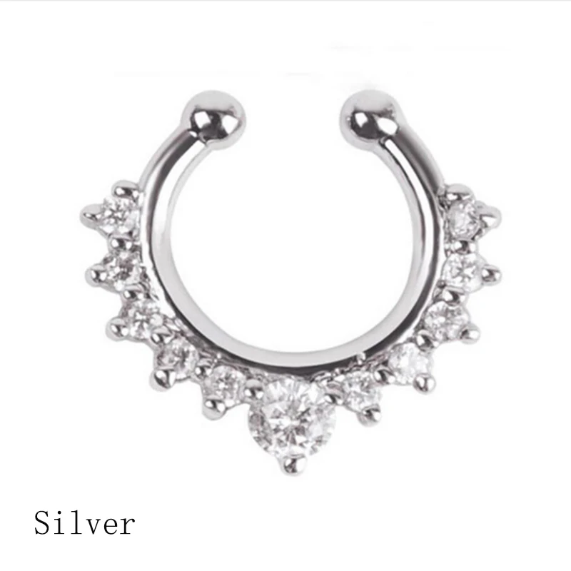 Qevila Crystal Fashion Clicker Fake Septum for Women Body Clip Hoop Vintage Fake Nose Ring Faux Piercing Body Jewelry Wholesale (9)