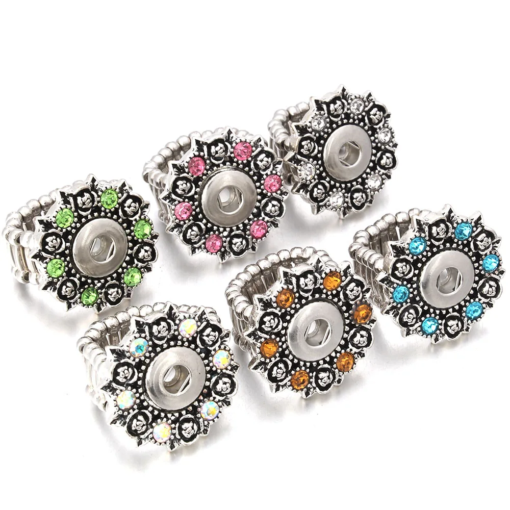 

12MM Rose Flower Snap Ring Adjustable Crystal Button Snap Rings Fit 12mm Mini Snap Button For Women Girls DIY Jewelry ZH033