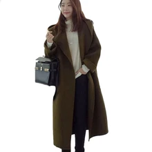 С длинным рукавом женские шерстяные пальто новое платье в Корейском стиле высокого качества с переснованными лентами с открытым швом; поясом однотонная накидка с отложным воротником шерстяное пальто A153