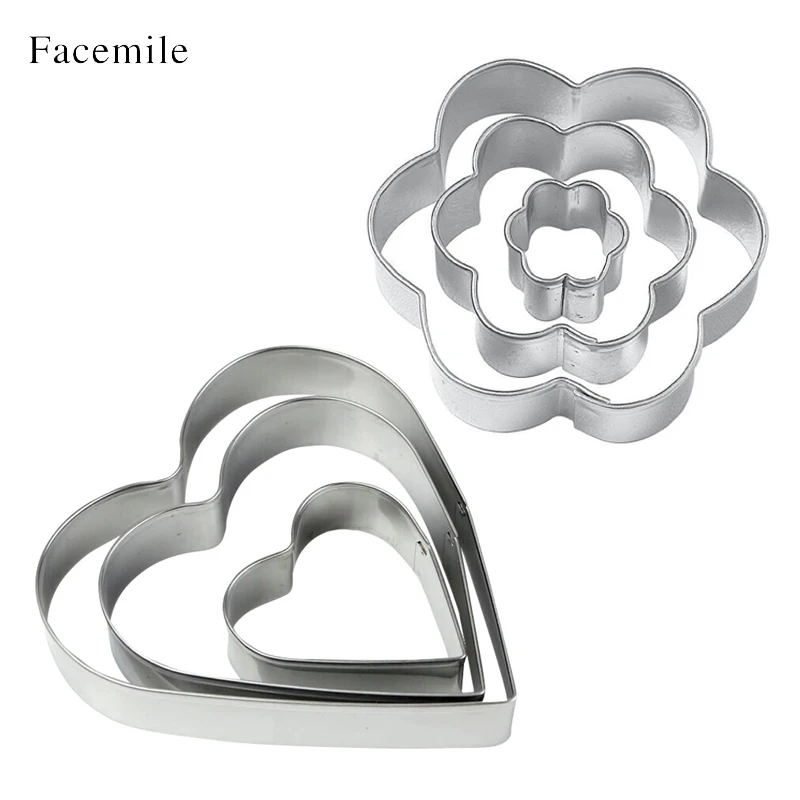 

Facemile cookie cutter sets metal 3pcs Plum blossom and 3pcs heart cutters for fondant cake biscuit paste fruit kitchen utencil