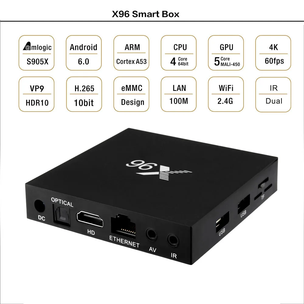 

X96 Android 6.0 Amlogic S905X Quad Core Cortex-A53 Real-time Display Online Player 2.4GHz WiFi HD 2.0 Connectivity TV BOX