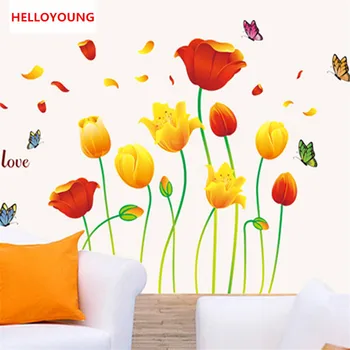 

QT-0186 DIY Yellow Red Flower Tulip PVC Removable Room Home Decor Decal Kid bedroom Wall Stickers Poster home decor