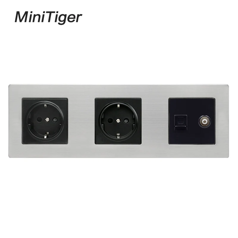 Minitiger панель из нержавеющей стали двойная розетка 16A ЕС розетка+ женский ТВ разъем с RJ45 CAT5E Интернет порт Серебряный