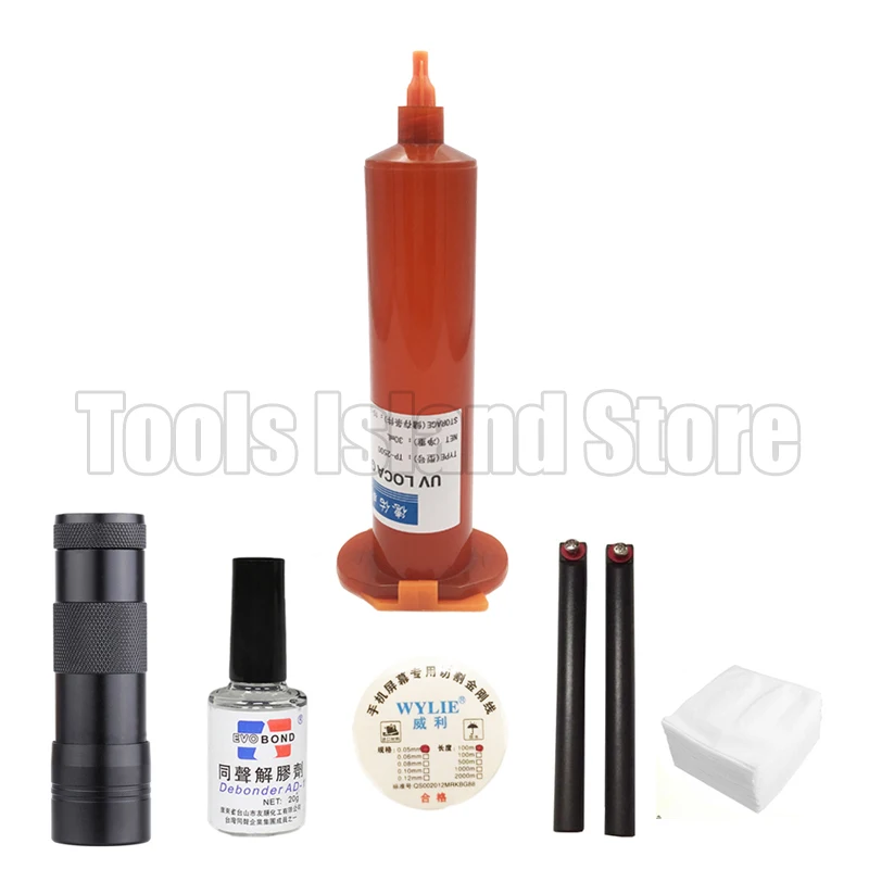 

30ML LOCA UV glue tp-2500 with Glue Remover Dispergator Screen glue Golden Cutting Wire and clean clothes wipes 9 LED lamp