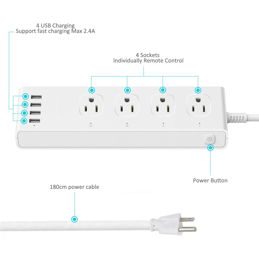 

US 4 Outlets Number Wifi Intelligent Plug Socket 4 USB support Alexa APP remote control