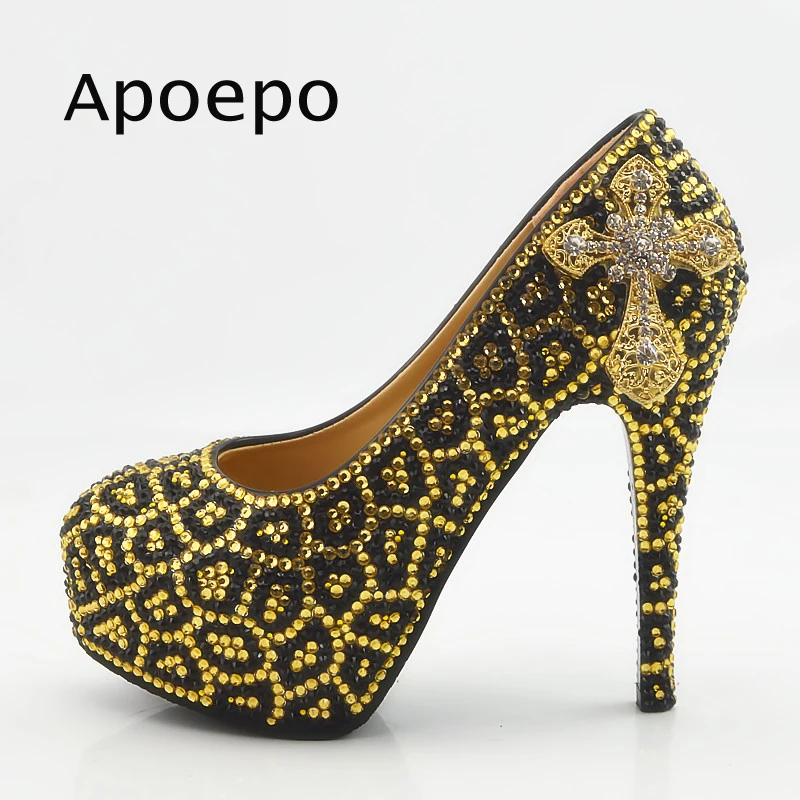 

New Gold Leopard Pattern Crystal High Heel Shoes Woman thin Heels Dress shoes 2018 Round Toe Wedding Shoe platform high heels