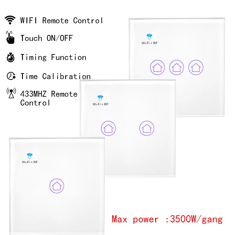 

Smart WiFi RF / APP / Touch Control Wall Light Switch 1 /2 /3 Gang 86 Type UK Panel Wall Touch Light Switch Smart Home