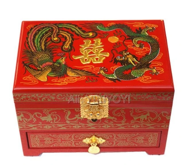 Chinese 3 Layer Wood Storage Dragon Phoenix Jewelry Box with Mirror Wedding Bangle Jewellery Display Box Container Carrying Case