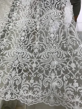 

Luxury embroidered lace fabric PWD1870822 white French net lace with beads tulle lace fabric for bridal dress