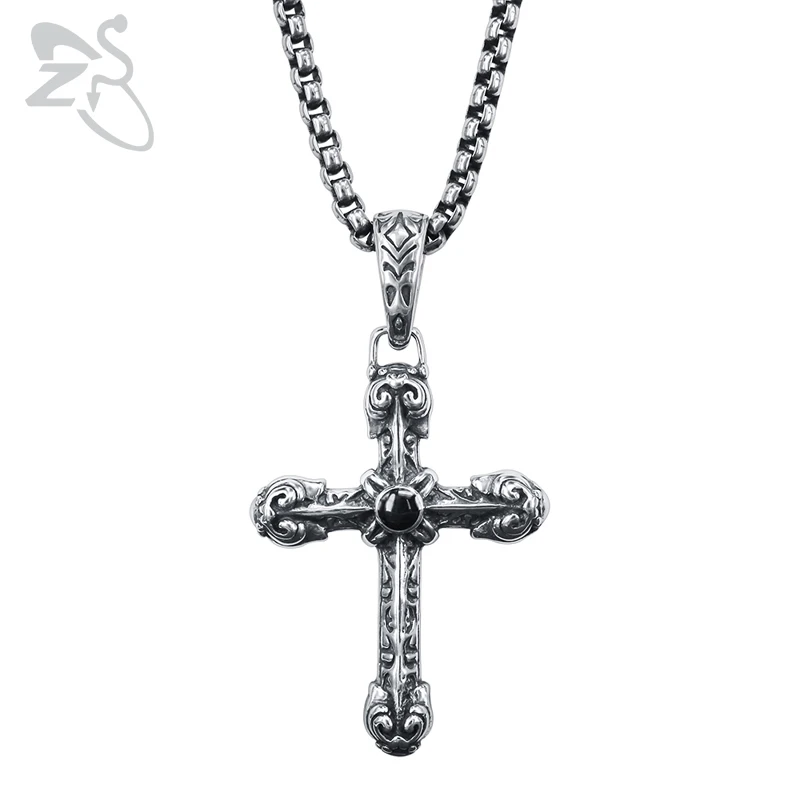 

ZS Punk Style Cross Pendant Necklace Hip Hop Stainless Steel Jewelry Black Cubic Zirconia Necklace Rock Roll Biker Jewelry