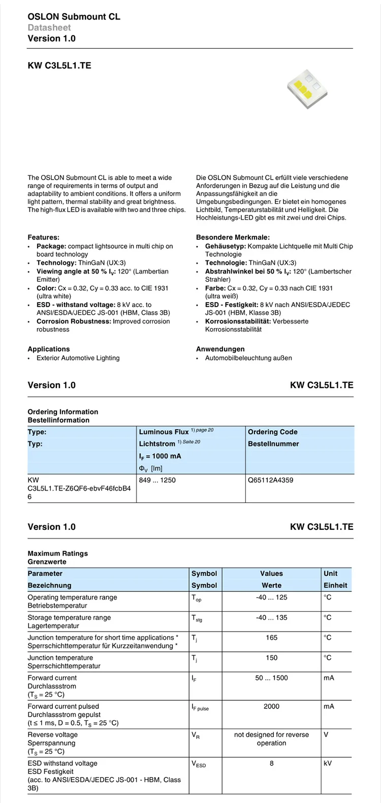 5 шт. OSRAM KW C3L5L1. TE 15 Вт Высокая мощность светодиодные лампы 5500-6500 к холодный белый светильник автомобильный светильник ing головной светильник монтажный светильник источник