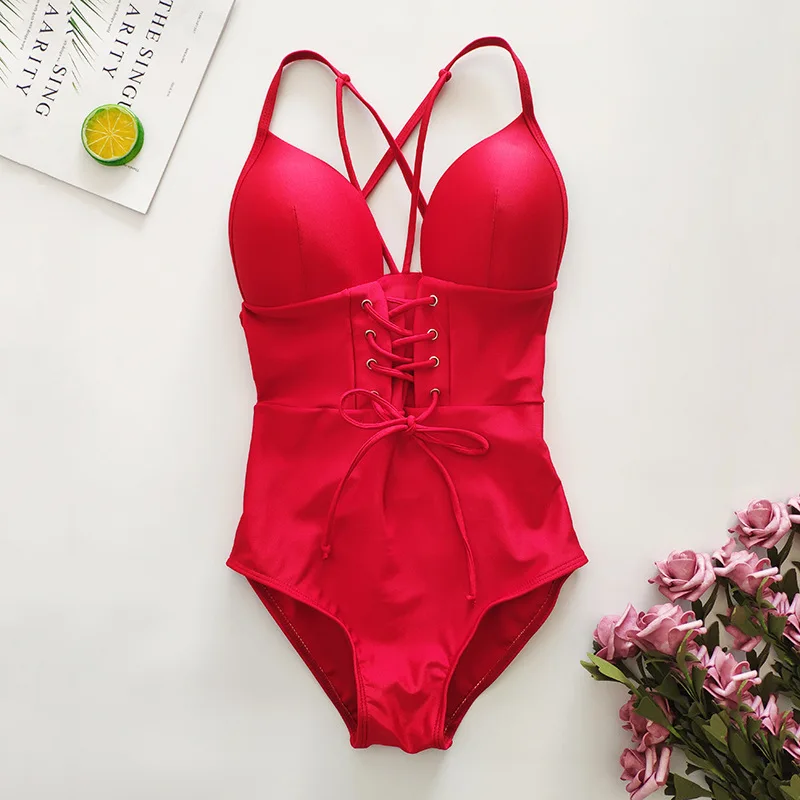 bustier bodysuit 2019 summer net red with the bikini female piece sexy strapless backless Slim slimming belly swimsuit Hollow Out  Solid  Skinny blue bodysuit