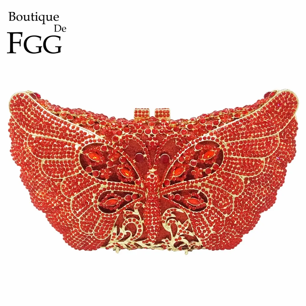 

Dazzling Animal Butterfly Designs Red Women Crystal Evening Bag Metal Bridal Wedding Party Chain Shoulder Handbag Clutch Purse