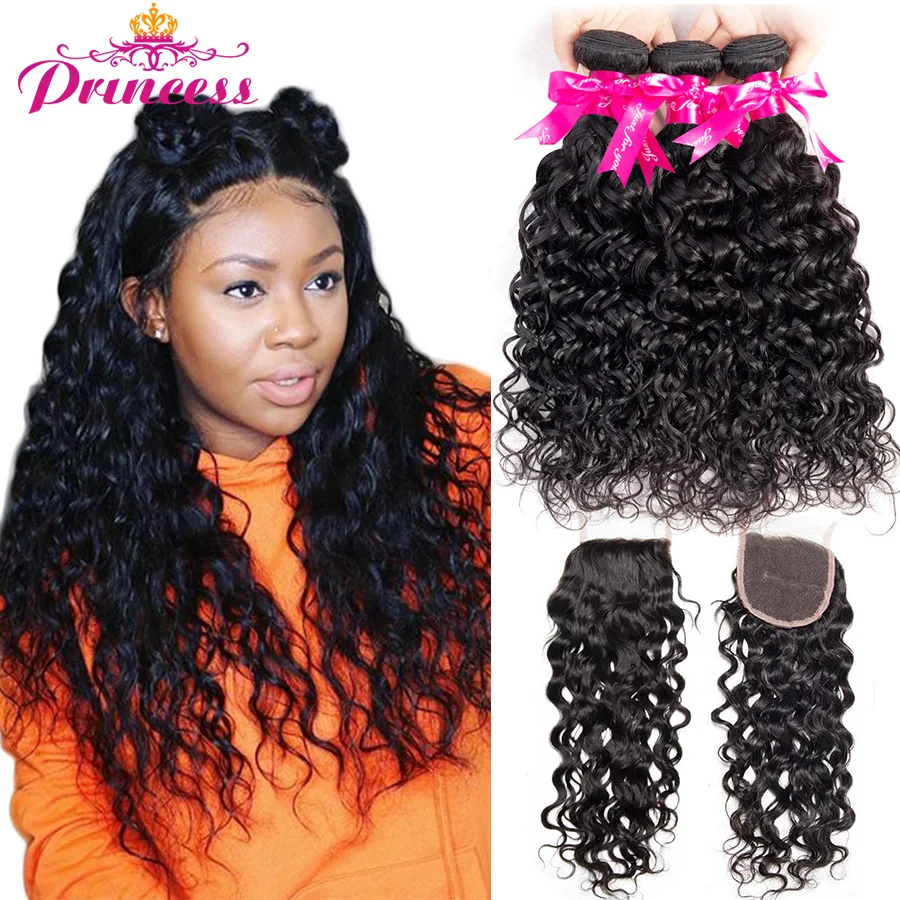 

Beautiful Princess Water Wave 3 Bundles With Closure Wet and Wavy Remy Human Hair Bundles with Closure Soft Brazilian Hair Weave