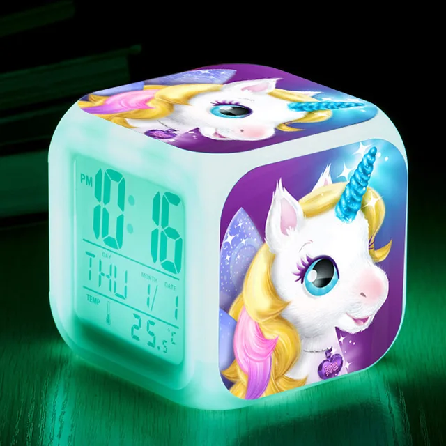 Cute Cartoon Unicorn LED Alarm Clock Children 7 Colors Changing Digital Desk Clocks Night Light Cube Clock Kids Birthday Gifts 1