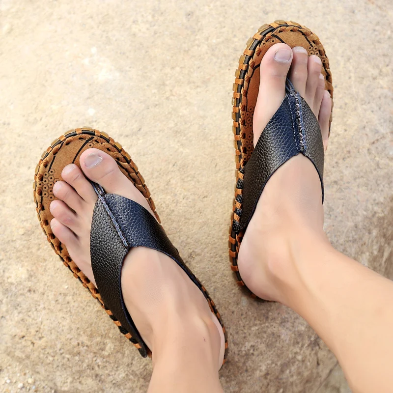 

Brand Men Casual Shoes Leather Men Slippers Flip Flops Summer Plus Size Beach Shoes Outdoor Sandals High Quality Non-Slip Shoes