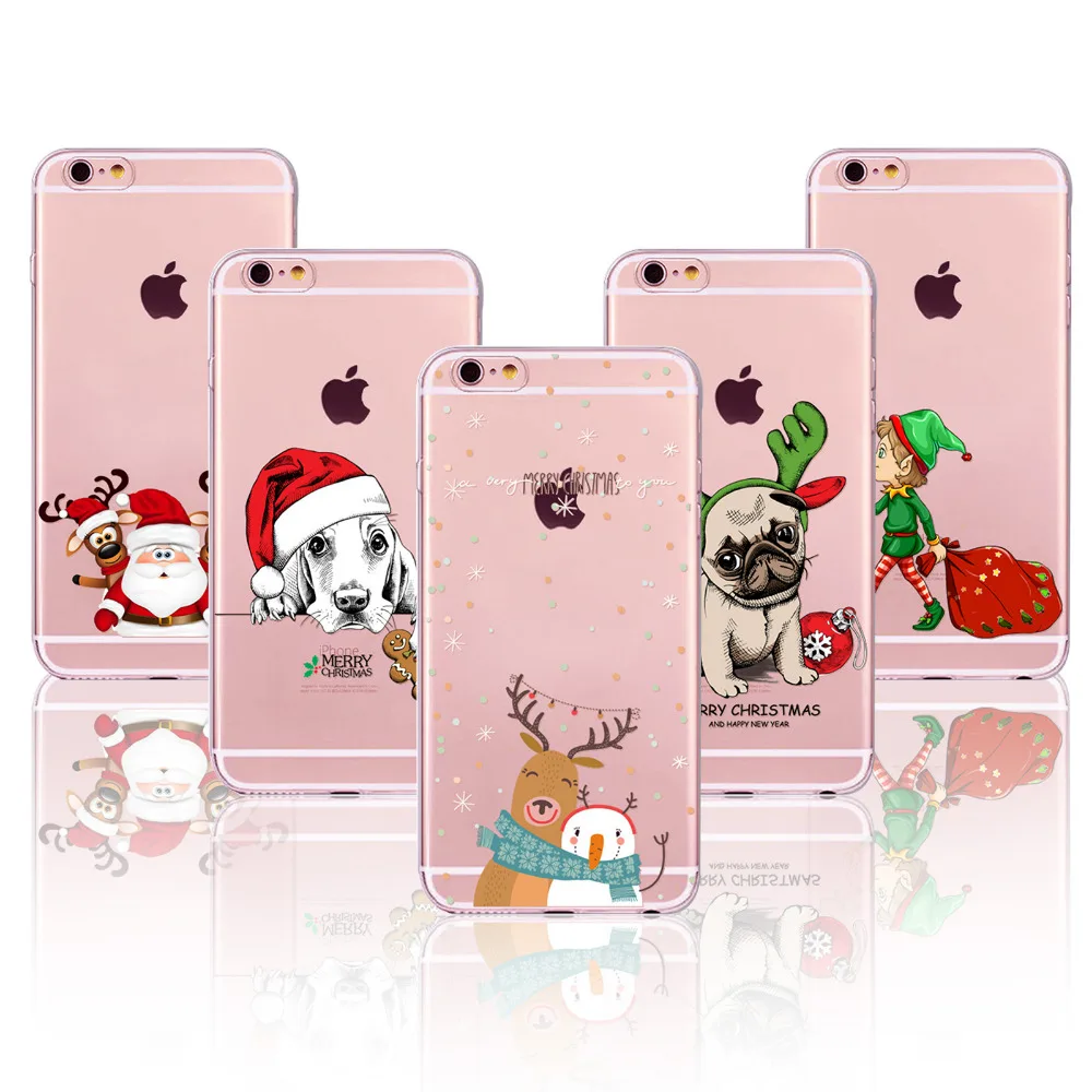 Lovely Christmas New Year Soft Phone Cover Case For iPhone 6 6S 7 5 5S SE 7plus 6Plus 6SPlus 4S Present Dog Deer Animal Celular