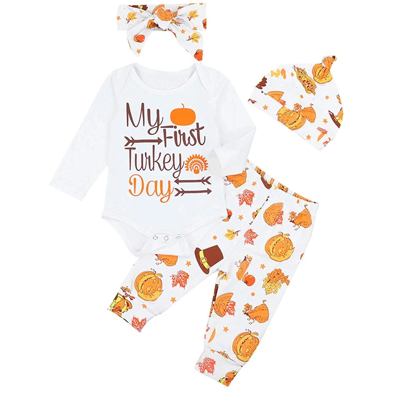 

Oklady 4Pcs My First Thanksgiving Turkey Outfit Set Newborn Baby Boys Girls Clothes Long Sleeve Romper