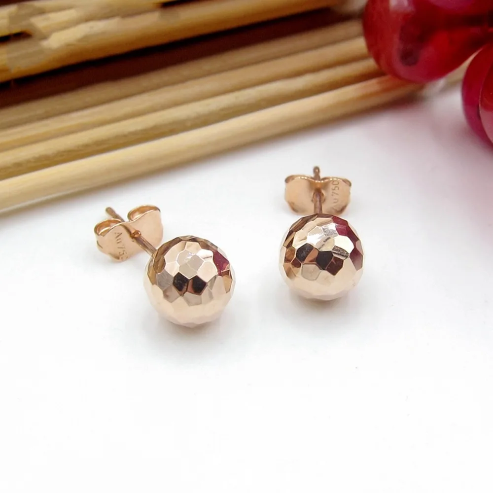 

New Fine Pure Au750 18K Rose Gold Women's Carved Ball Stud Earrings 1-1.3g
