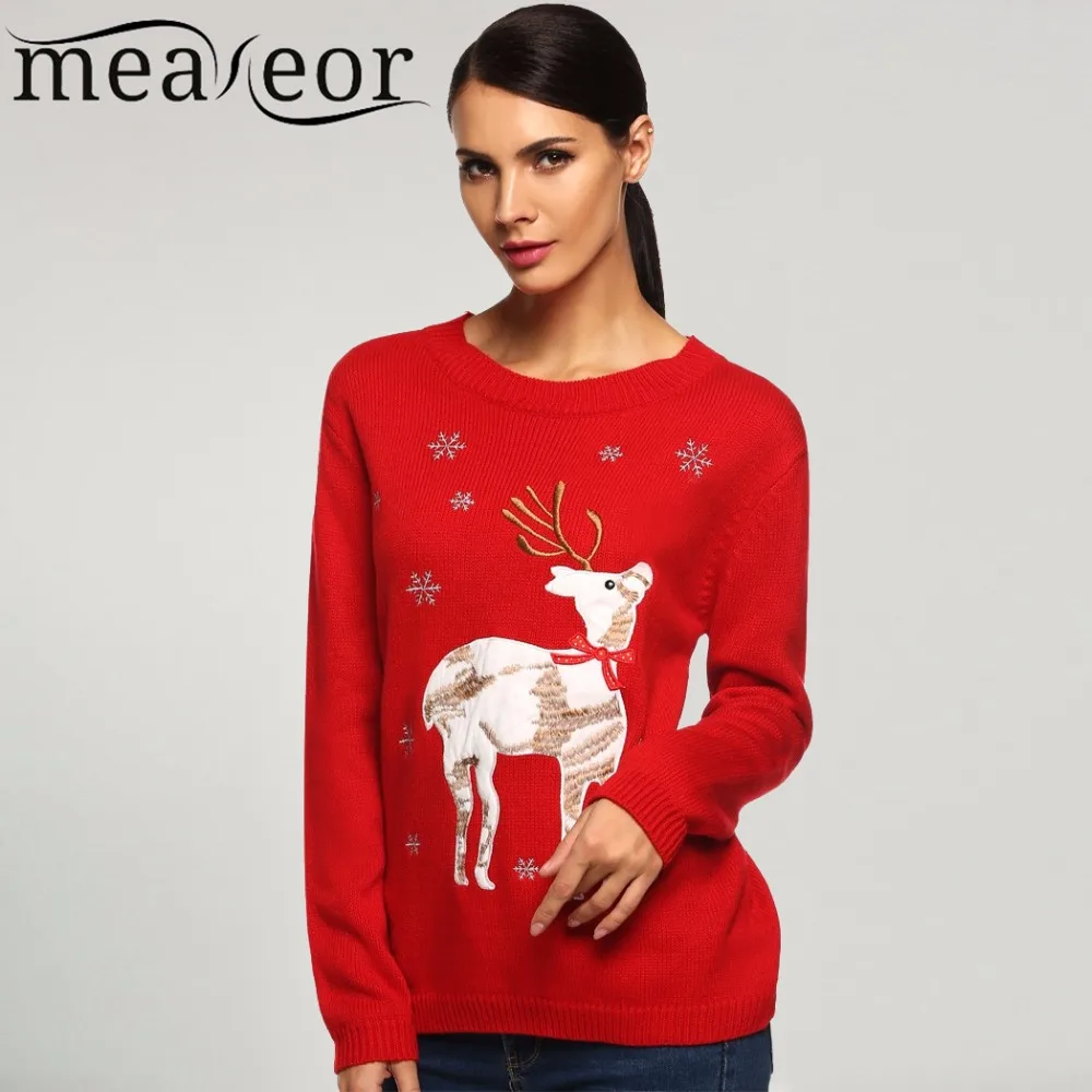 

Meaneor Ladies Women Autumn/ Winter Christmas Sweater Casual O-Neck Long Sleeve Animal Applique Elk Deer Slim Sexy Warm Sweaters