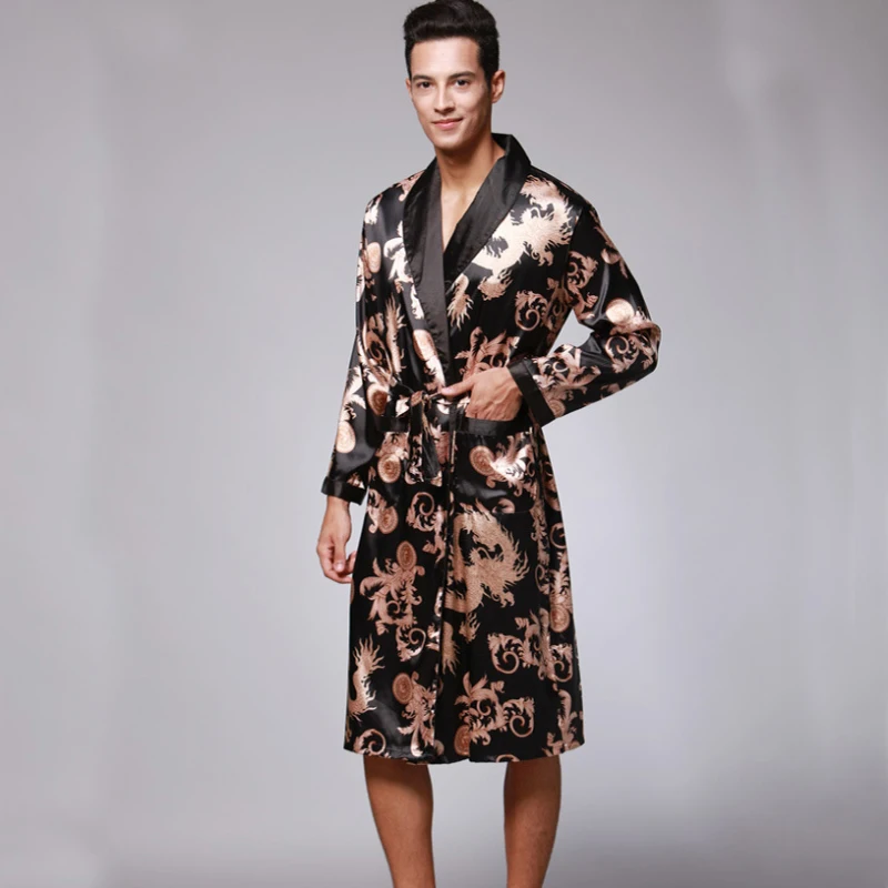 SSH0127 Spring Autumn Men's Bathrobes Printed Male Pajamas Full Sleeves Nightwear Sleepwear Satin Silk Robe Pyjama Belt Men Robe