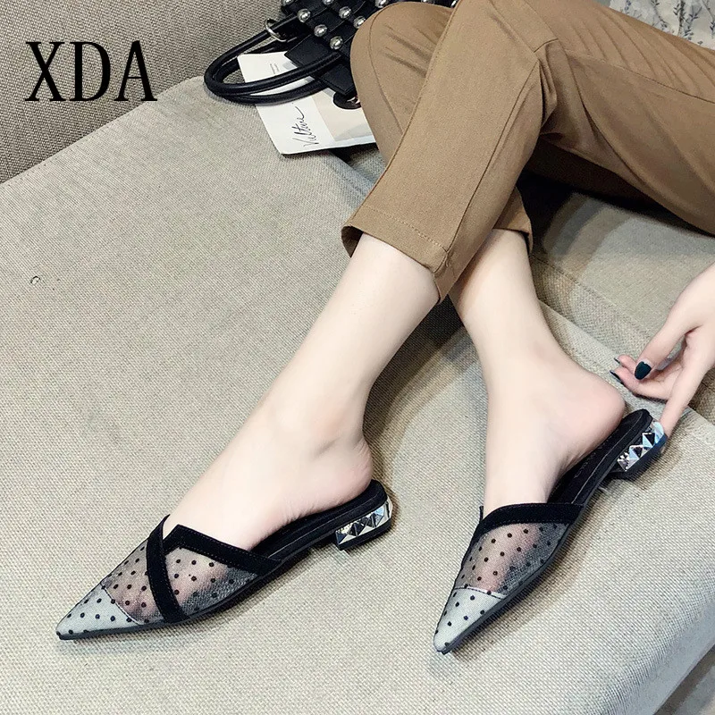 

XDA 2019 new Lace hollow out women slippers summer pointed toe wave point women sandals Fashion women slides flat shoes slippers
