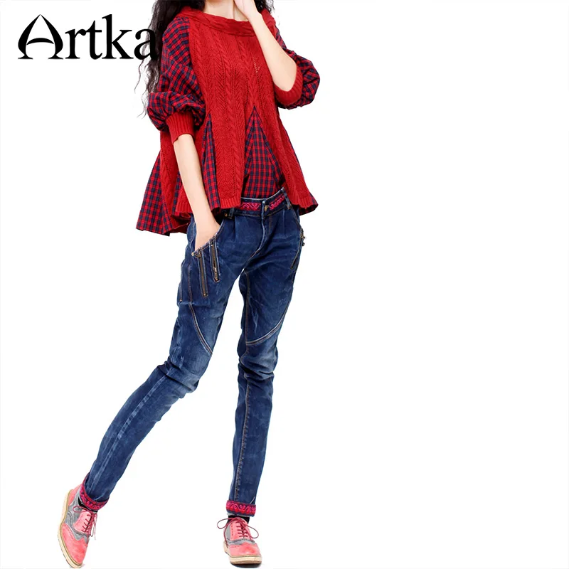 ARTKA Women Jeans With Embroidery Vintage Trousers Women 2018 Skinny Jeans Denim Pencil Pants Plus Size Elastic Jeans KN12621D