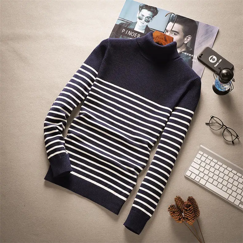 MuLS Striped Sweaters Men Pullover Cotton Knit Male Turtleneck Sweater Jumpers Spring Winter High Neck Knitwear 2018 Autumn New-10