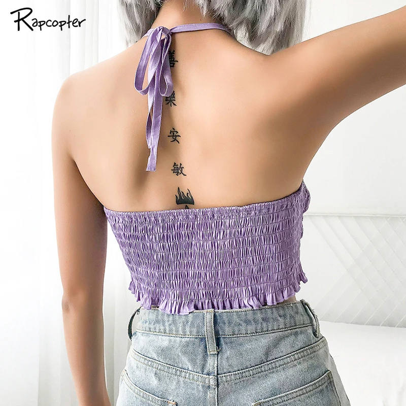 

Rapcopter Halter Sexy Backless Lavender Crop Top Summer Sleeveless Femme Korean Camis Ladies Strapless Party Club Fashion Tops