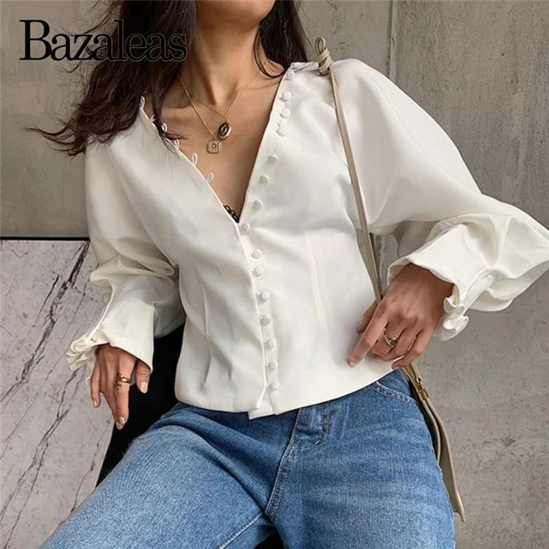 

Bazaleas Deep V Neck buttons White Blouse Vintage Slim blusas mujer de moda 2018 Slim Petal Long Sleeve womens tops and blouses
