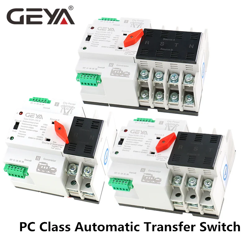 GEYA Din Rail ATS 110V 220V 3P 63A 100A ATSE двойной Мощность автоматического включения резерва 50/60Hz ПК Класс автоматический или ручной выбор