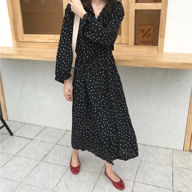 

Autumn Women Dress Polka Dot V-neck Strap Slim Waist Chic Sweet Long Dress Student Vintage Femme Vestido New Donna Abito Robe